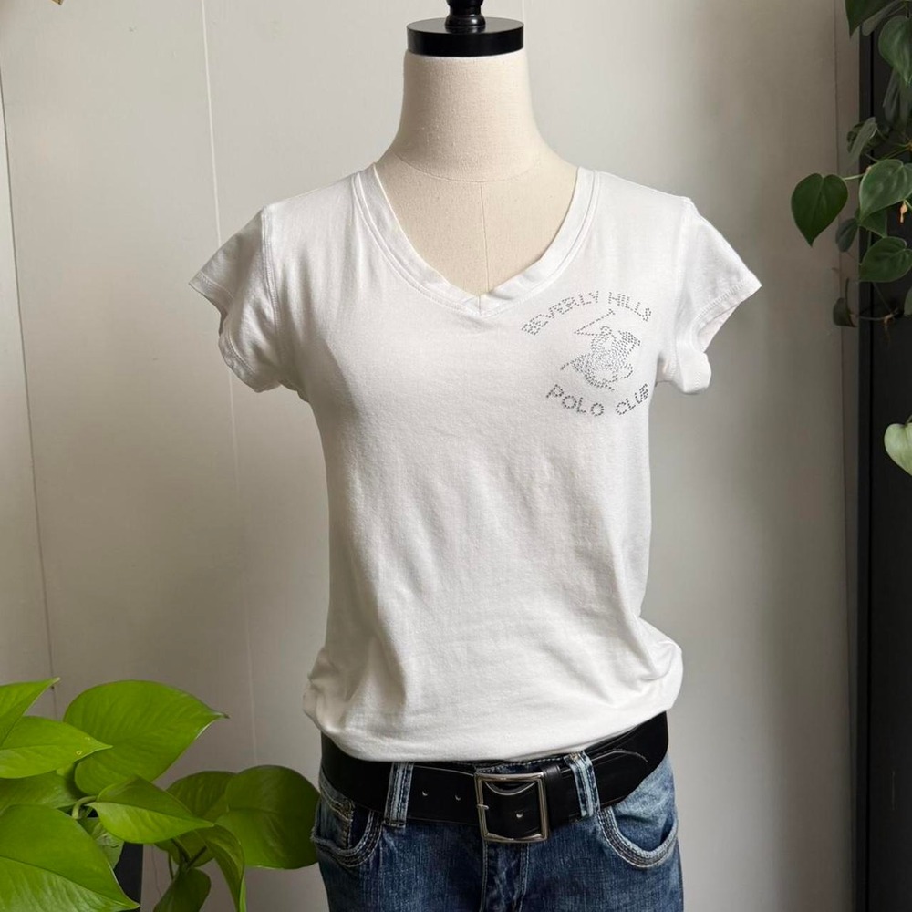 Beverly Hills Polo Club White V-Neck Rhinestone Baby Tee Small Capped Sleeve